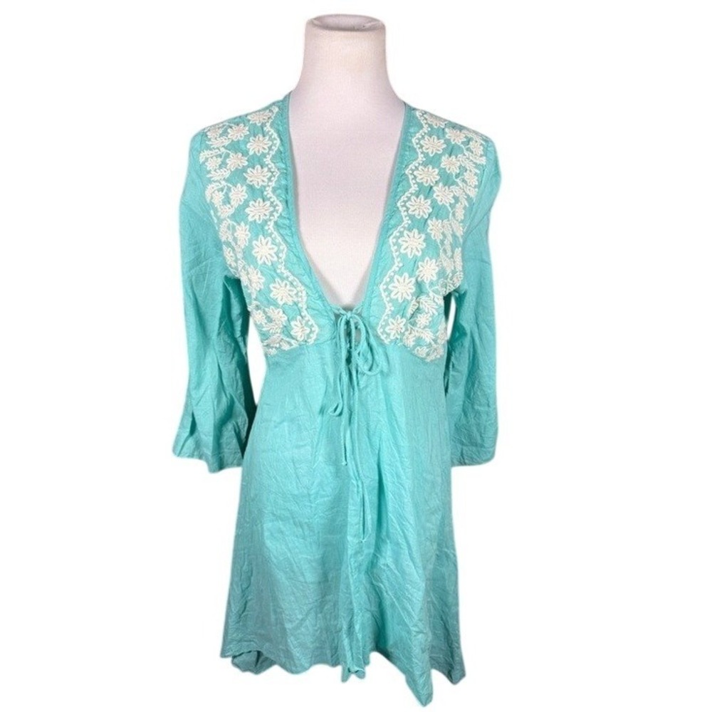 Velzera Womens Turquoise Blue Embroidered Cotton Boho‎ Tie Front Tunic Top M/L